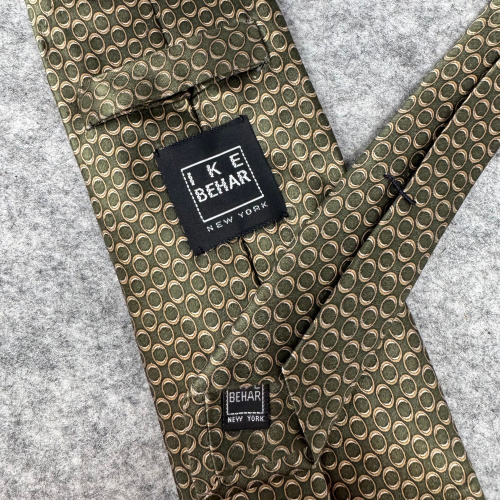 Ike Behar Silk Necktie Olive Green Circle Pattern‎ Hand Tailored USA